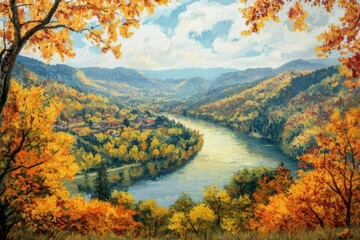 Obraz premium Autumn River Valley Landscape Painting