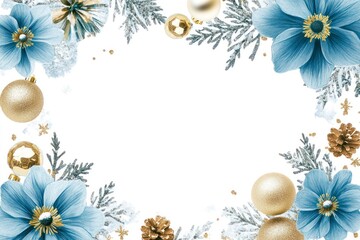 Obraz premium Elegant Christmas Frame with Blue Flowers, Golden Ornaments, and Lush Greenery for Holiday Decor and Art Deco Inspired Designs