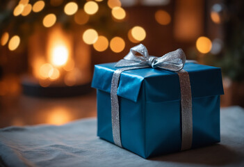 Elegant Teal Gift Box with Silver Ribbon in Festive Holiday Setting Hanukkah presents