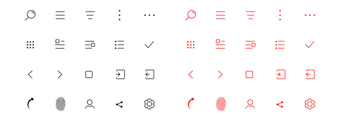 Most common app icon set for navigation and action bars, tabbar. All menu types  menu. Best customizable icons set with grid for apps and web