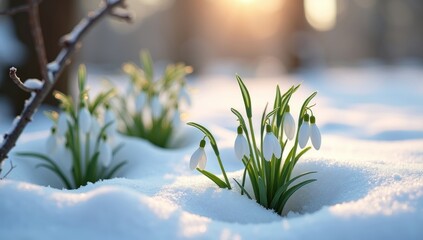 Snowdrops blooming through snow at sunset announcing spring arrival