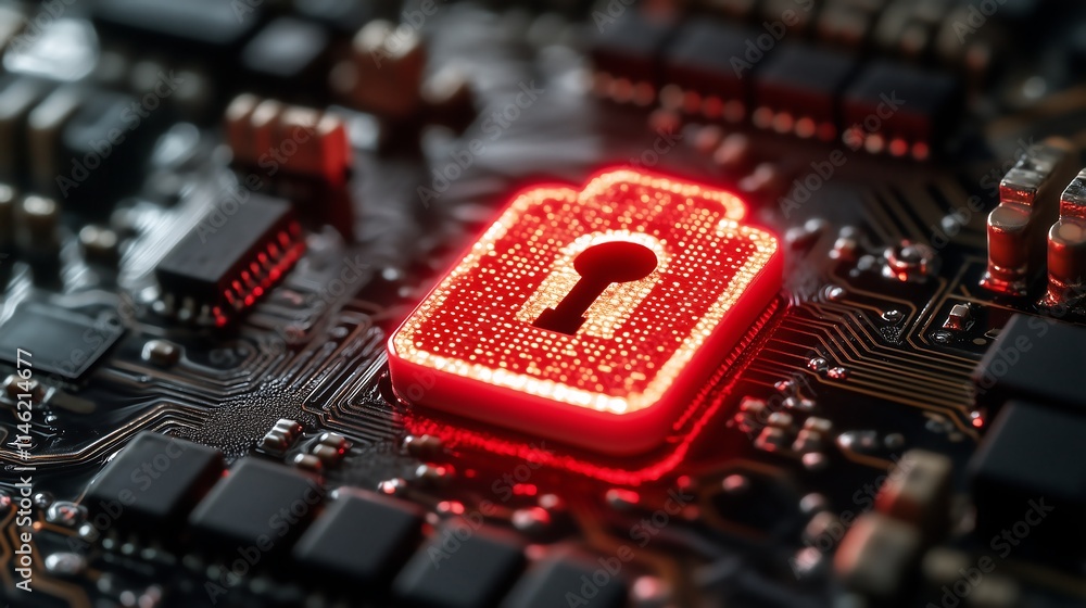 Aufkleber cybersecurity: a glowing red padlock symbol sits atop a circuit board, symbolizing digital security 