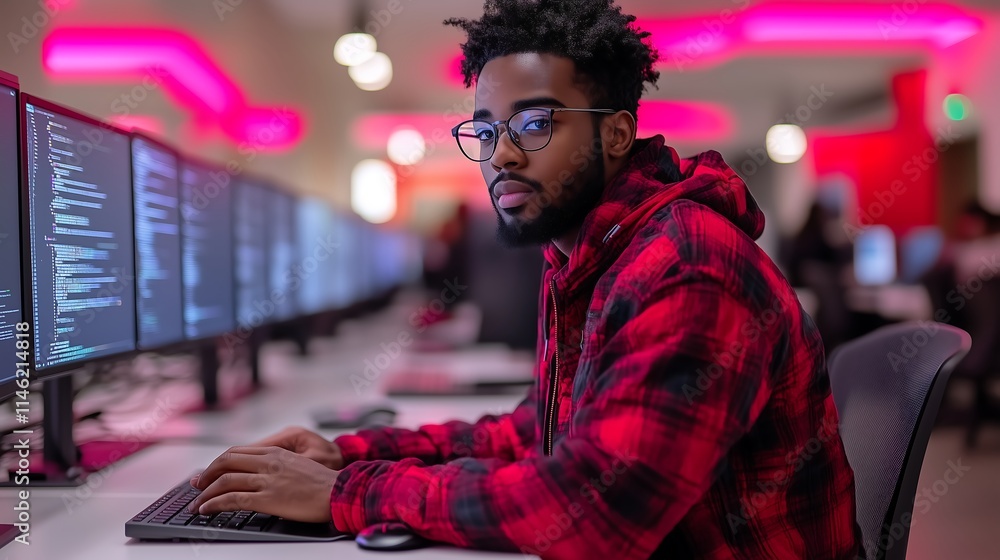 Aufkleber focused programmer: a young, black male programmer intently focuses on his code, illuminated by vibr