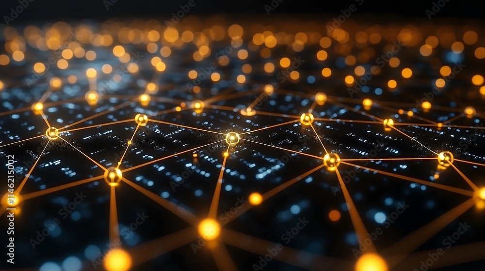 Poster global network connection: abstract digital illustration of a glowing network connecting nodes, symb