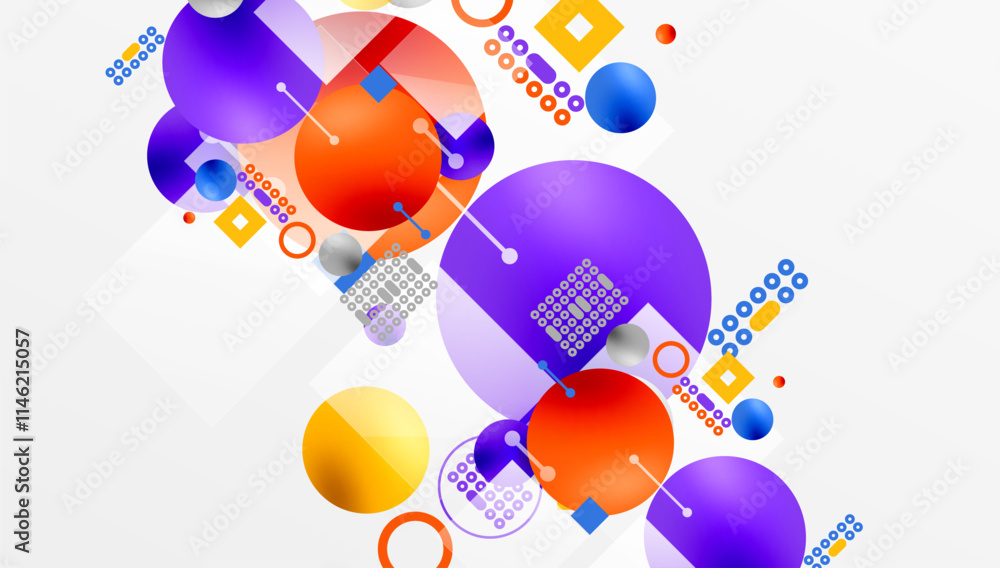 Poster Minimalistic abstract vector design, layered geometric shapes circles, squares, and triangles with soft pastel gradients and semi-transparent effects. Perfect for contemporary use