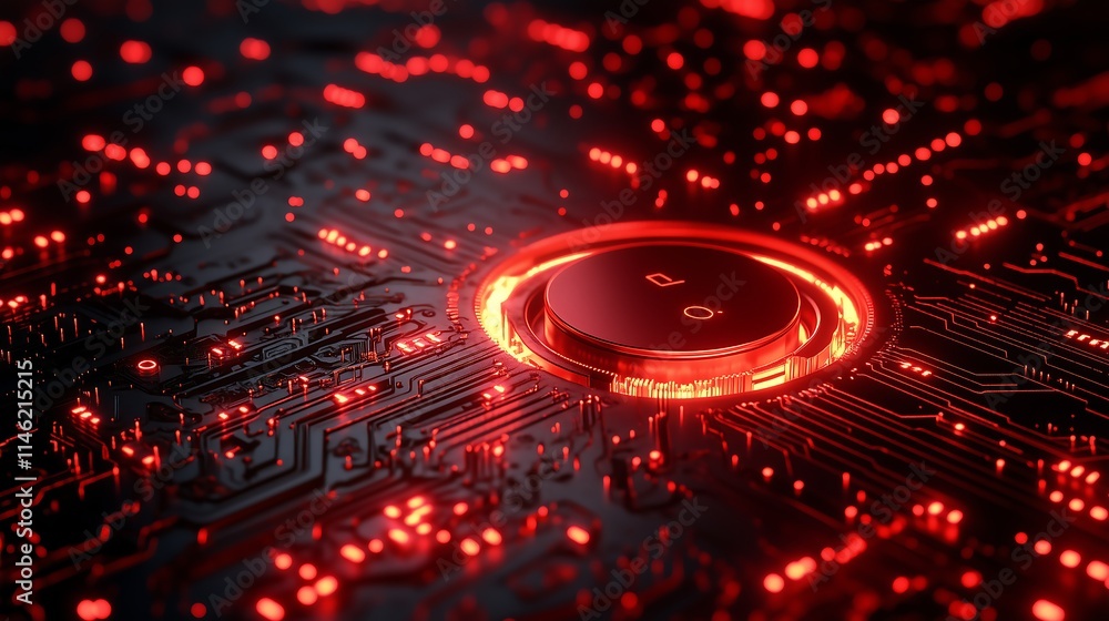 Poster red hot circuitry: a close-up shot of a vibrant red circuit board, with glowing components and intri