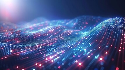 Flow of cyber big data and blockchain networks: 3d illustration of AI technology, digital communication, and science research with abstract music wave patterns