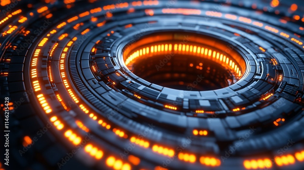 Poster cybernetic core: glowing orange energy pulses within a futuristic, circular technological device. in
