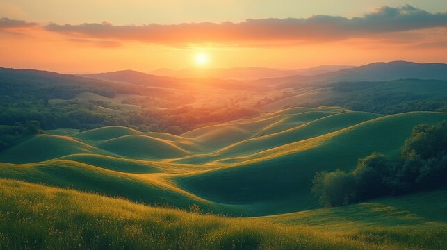 Scenic sunrise over rolling hills with an expansive open sky view