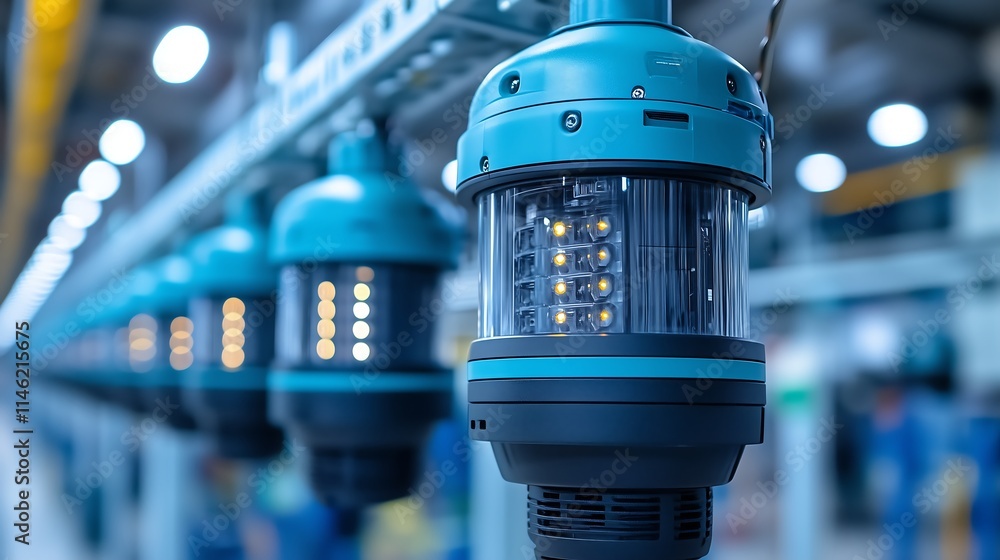 Poster LED Lights Production Line: A close-up view of an automated production line for LED lights, showcasing rows of newly manufactured lights ready for distribution.
