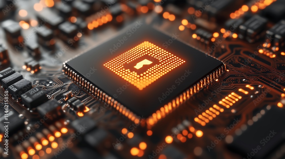 Poster the heart of innovation: a close-up shot of a glowing microprocessor, symbolizing the power and pote