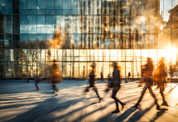People walking in the city business center. Motion effect of persons. Sunlight and glass buildings