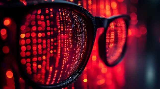 Cyber Optics: Close-up of eyeglasses reflecting a vibrant red matrix of digital code, symbolizing technology, innovation, and the digital world.  