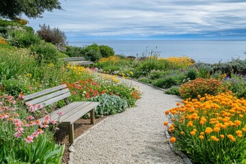 A serene seaside garden with colorful floral pathways coastal views nature photography tranquil environment scenic perspective vibrant garden concepts