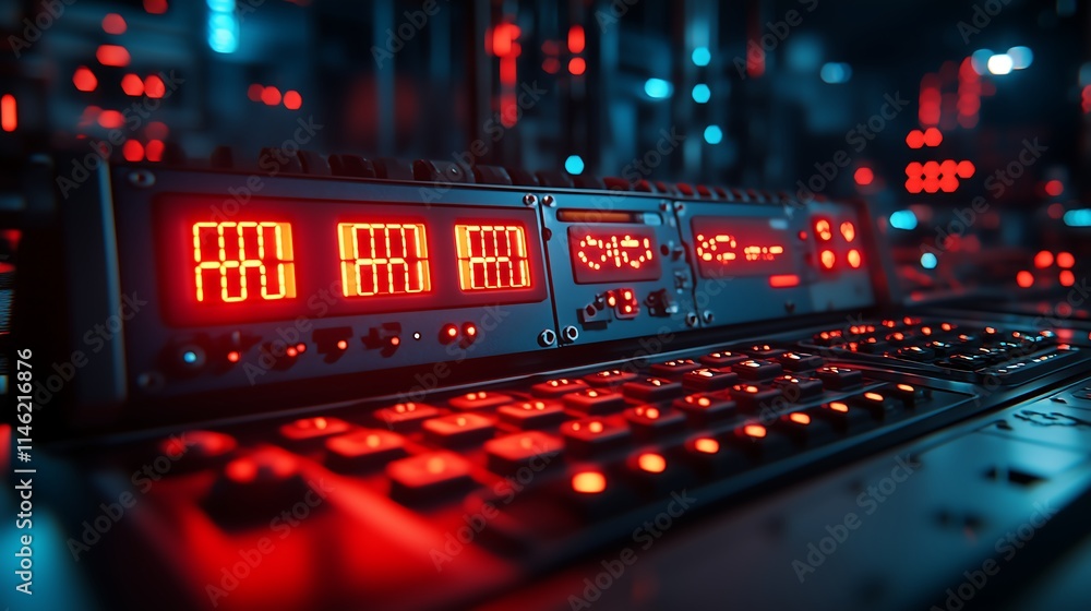 Poster cyberpunk control panel: close-up of a futuristic control panel with glowing red digital displays an
