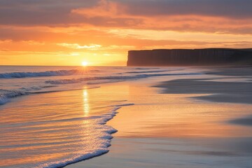 Fototapeta premium Golden sunrise over serene seaside tranquil beach landscape coastal viewpoint natural beauty inspiring morning atmosphere
