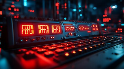 Cyberpunk Control Panel: Close-up of a futuristic control panel with glowing red digital displays and a metallic keyboard, set against a dark, vibrant backdrop.