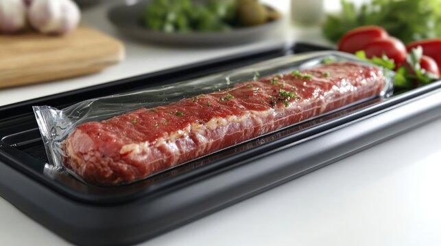 A packaged raw meat product on a countertop, ready for cooking or preparation.