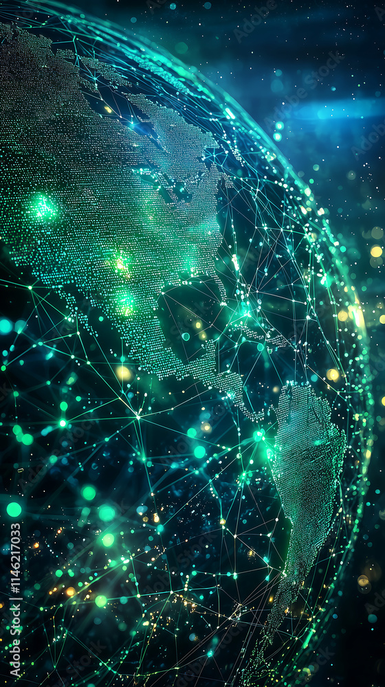 Poster ai driven global network visualization with futuristic green highlights
