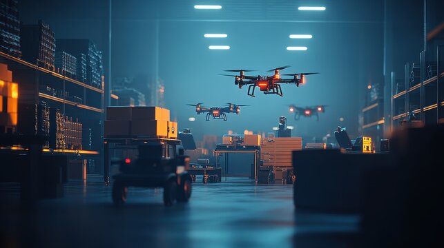 A futuristic warehouse with drones flying between towering shelves, autonomously picking and delivering items to packaging stations. Workers oversee the operations from control rooms filled 