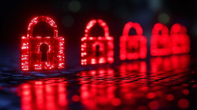 Cybersecurity: A row of glowing red padlocks stand tall on a dark background, symbolizing the strength and reliability of digital security. The image evokes a sense of safety and trust.