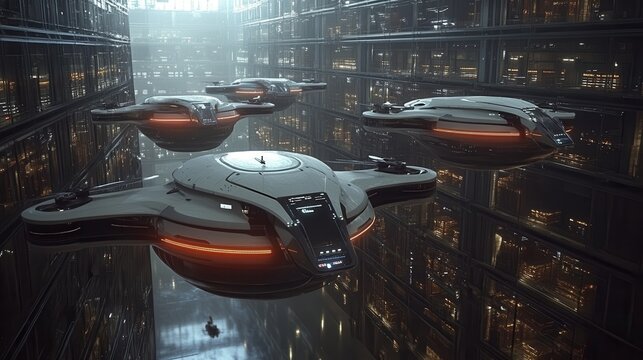 A futuristic warehouse with drones flying between towering shelves, autonomously picking and delivering items to packaging stations. Workers oversee the operations from control rooms filled 