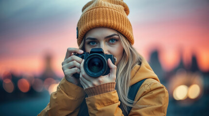Fototapeta premium A young woman photographer with camera