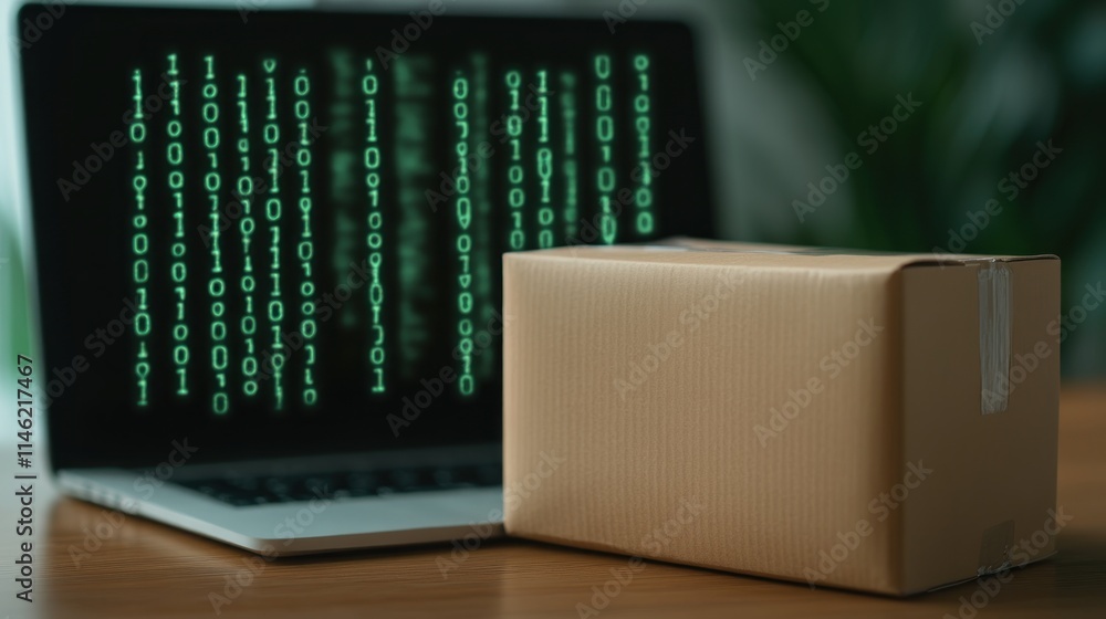 Poster Online Order, Package and Binary Code Blur Background