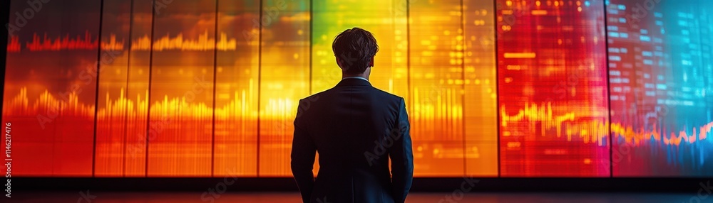 Aufkleber businessman viewing colorful data visualization on a large screen.