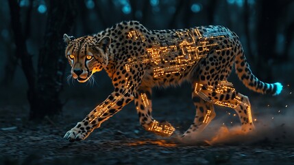 Cybernetic cheetah stalking in dark forest.