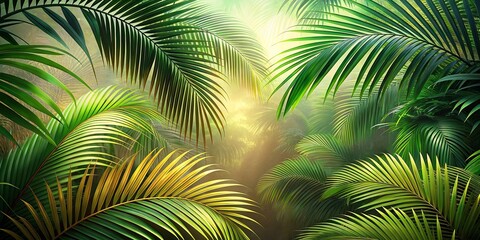Lush Tropical Paradise Sunlit Palm Fronds in a Misty Jungle Setting