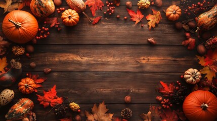 Autumn seasonal bottom border banner with pumpkins, fall leaves, decorative accents on rustic wood background, ideal for text overlay and graphic design