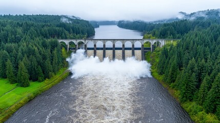 Fototapeta premium It features a large reservoir, spillways, and surrounding landscape that uses water flow to generate electricity.
