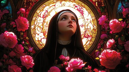 Saint Therese of Lisieux in a breathtaking stained-glass design, surrounded by roses glowing in soft pink and red tones, divine light highlighting her peaceful expression,