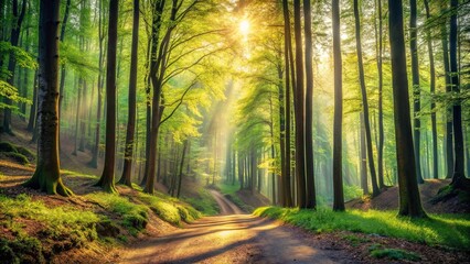 Obraz premium Sunlit Path Through a Verdant Forest with Golden Light Beams