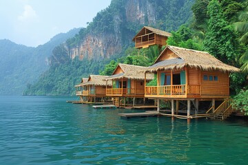Naklejka premium Cozy wooden cabins on stilts surrounded by lush mountains by tranquil water in a remote natural setting
