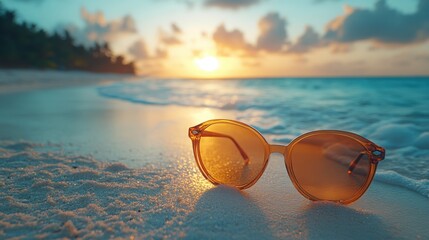Stylish sunglasses on a sandy beach with an open horizon