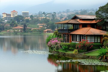 Obraz premium Beautiful lakeside residences in a tranquil setting with blooming flowers and distant hills