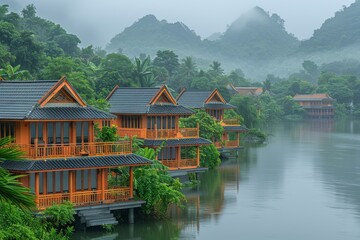 Fototapeta premium Serene wooden cottages along a misty river nestled in lush green mountains at dawn