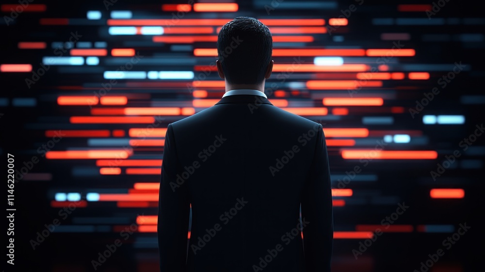 Poster businessman facing digital data stream blur background
