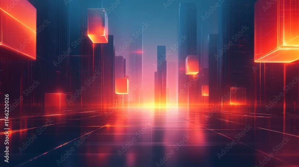 Poster minimalist futuristic design with glowing floating elements in cityscape