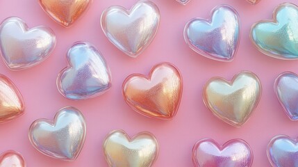 Holographic hearts on a pink background 