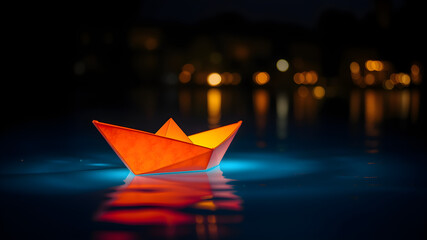 A glowing origami boat drifts on a calm, moonlit lake, reflecting the warm lights of a distant city