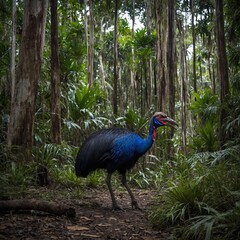 A cassowary wandering through an ancient forest.

