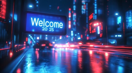 Fototapeta premium Neon Cityscape Welcome Sign at Night in 2025