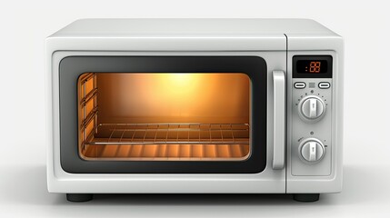 Fototapeta premium A modern microwave oven with an illuminated interior and dials for settings.