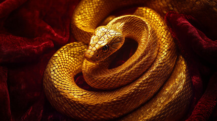 Fototapeta premium A majestic golden snake coiled in a circular shape