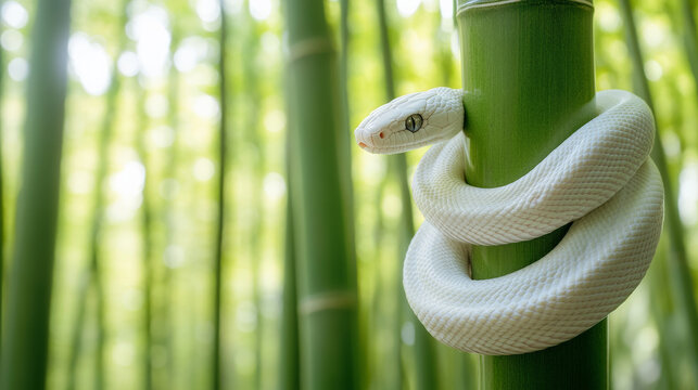 A white snake coiled around a fresh green bamboo stalk