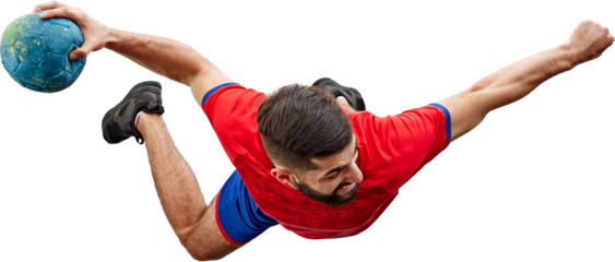 Top view, dynamic image of young man in red and blue uniform, handball player in motion with ball during game isolated on transparent background. Concept of professional sport, game, active lifestyle