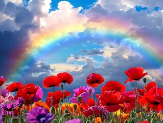 Obraz premium Rainbow Landscape over poppy field
